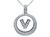 Zoe R™ Sterling Silver Micro Pave Hand Set Cubic Zirconia (CZ) Letter "V" Initial Disc Pendant