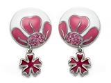 Pink and White Enamel Sterling Silver Earrings with Pink CZ`s and a Dangling Clover Charm