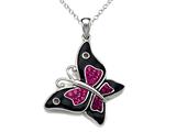 Black and Pink Enamel Sterling Silver Butterfly Pendant with Pink CZ`s