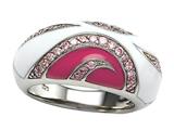 Pink and White Enamel Sterling Silver Ring with Pink CZ`s