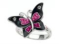 Black and Pink Enamel Sterling Silver Butterfly Ring with Pink CZ`s