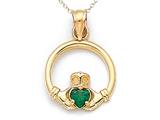 14kt Yellow Gold Small Claddagh Pendant with Simulated Emerald - Free Chain Included