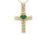 14kt Yellow Gold Claddagh Cross Pendant with Simulated Emerald Heart - Free Chain Included