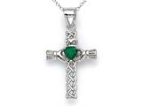 14kt White Gold Claddagh Cross Pendant with Simulated Emerald Heart - Free Chain Included
