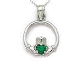 14kt White Gold  Small Claddagh Pendant with Simulated Emerald - Free Chain Included
