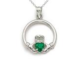 14kt White Gold Medium Claddagh Pendant with Simulated Emerald - Free Chain Included