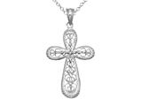 925 Sterling Silver Rhodium Medium Diamond Cut Cross Pendant - Free Chain Included
