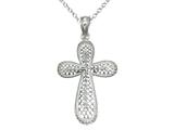 925 Sterling Silver Rhodium Medium Diamond Cut Cross Pendant - Free Chain Included
