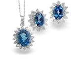 925 Sterling Silver Oval London Blue Topaz and White Topaz Pendant and Earrings Set