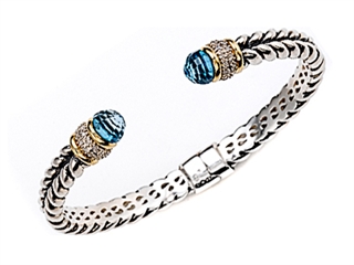 925 Sterling Silver Bangle \ Cuff with Blue Topaz and Diamond Accent