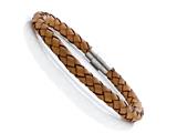 Tan Braided Leather Bracelet With Magnetic Stainless Steel Clasp