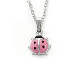 925 Sterling Silver Childrens Pink Lady Bug Pendant on 14 Inch Chain