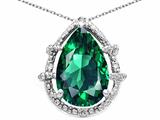 Tommaso Design™ Pear Shape 11x8mm Simulated Emerald And Diamond Pendant