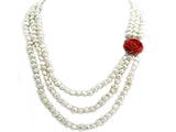 21-24 Inch Long 6.7mm Genuine Pearl and Red Jade Necklace