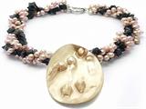 18 Inch 3 row Genuine Pink Pearl and Onyx Necklace with large Mother of Pearl Disk