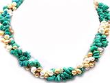 3 Rows 18 Inch Long Genuine Pearl and Turquoise Necklace