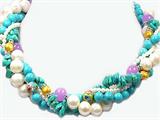 4 Rows 17 Inch Genuine Pearls, Turquoise, Crystal and Jade Necklace