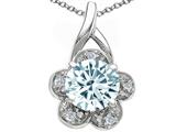 Tommaso Design™ Round 7 mm Genuine Aquamarine and Diamond Flower Pendant