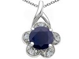 Tommaso Design™ Round 7 mm Genuine Black Sapphire and Diamond Flower Pendant