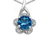 Tommaso Design™ Round 7 mm Genuine Blue Topaz and Diamond Flower Pendant
