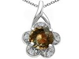 Tommaso Design™ Round 7 mm Genuine Smoky Quartz and Diamond Flower Pendant