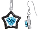 Original Star K™ 925 Heart Shaped Genuine Blue Topaz Black Star Hanging Hook Earrings