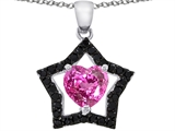 925 Sterling Silver 14K White Gold Plated Heart Shaped Created Pink Sapphire Black Star Pendant