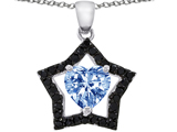 925 Sterling Silver 14K White Gold Plated Heart Shaped Created Aquamarine and Black Quartz Star Pendant