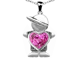 Original Star K™ Little Boy Holding 8mm Heart Mother Birthstone Pendant Created Pink Sapphire