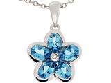 Tommaso Design™ .85 inch long Flower Pendant made with one Diamond and Genuine Pear Shape Blue Topaz.