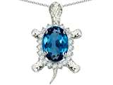 Original Star K™ Good Luck Turtle Pendant With Oval 12x10mm Simulated Blue Topaz