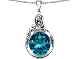 Original Star K™ Loving Mother With Child Family Large Pendant With Round 10mm Simulated Blue Topaz