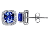 Original Star K™ Created 7mm Cushion Cut Sapphire and Genuine Diamond earring Studs