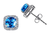 Tommaso Design™ Genuine 6mm Cushion Cut Blue Topaz and Diamond Earring Studs