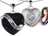 Original Star K™ 1.25 Inch Genuine True Love Black Enamel Locket With Heart White Topaz Surprise
