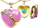 Original Star K™ 1.25 Inch True Love Pink Enamel Locket With Simulated Heart Aquamarine Inside