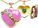 Original Star K™ 1.25 Inch True Love Pink Enamel Locket With Simulated Heart Emerald Inside