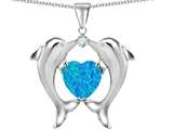 Original Star K™ Kissing Dolphins Pendant With 8mm Heart Shape Created Blue Opal