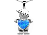 Original Star K™ Little Boy Holding 8mm Heart Mother Birthstone Pendant Created Blue Opal