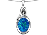 Original Star K™ Loving Mother With Child Family Pendant With Oval Created Blue Opal