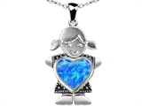 Original Star K™ Little Girl Holding 8mm Heart Mother Birthstone Pendant Created Blue Opal