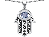 Original Star K™ Kabbalah Good Luck Hamsa Evil Eye Protection Pendant with Round Simulated Aquamarine