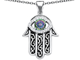 Original Star K™ Kabbalah Good Luck Hamsa Evil Eye Protection Pendant with Round Rainbow Mystic Topaz