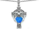 Celtic Love by Kelly™ Claddagh Cross pendant with 7mm Heart Shape Created Blue Opal