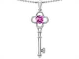 Tommaso Design™ Key to my Heart Clover Key Pendant with Round Created Pink Sapphire and Genuine Diamond