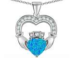Celtic Love by Kelly™ Hands Holding 8mm Crown Heart Claddagh Pendant with Created Blue Opal