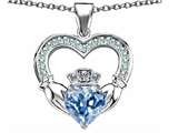 Celtic Love by Kelly™ Hands Holding 8mm Crown Heart Claddagh Pendant with Simulated Aquamarine