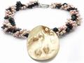 18 Inch 3 row Genuine Pink Pearl and Onyx Necklace with large Mother of Pearl Disk