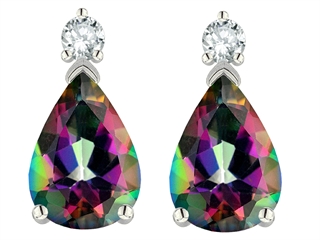 Tommaso Design(tm) Pear Shape 8x6mm Mystic Rainbow Topaz and Diamond Earrings