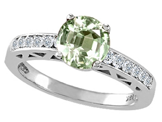 Tommaso Design(tm) Round 7mm Genuine Green Amethyst and Diamond Solitaire Engagement Ring
